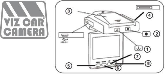 Bruksanvisning Viz Car 1.Produktbeskrivelse 1.ON / OFF-knappen 2.Record-knapp 3. Batterikammer 4.SD eller TF / Micro SD-kort 5.Menu-knappen 6.Down-knapp (for å navigere i menyen) 7.