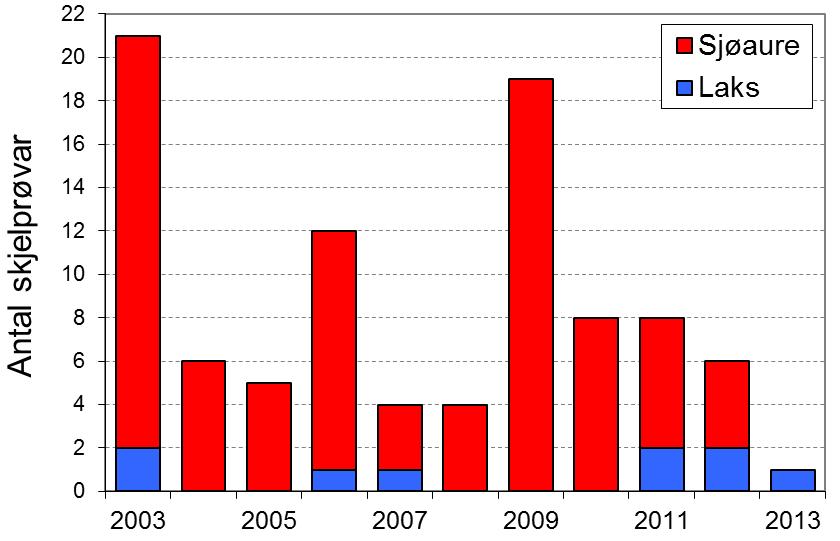 FANGST OG SKJELPRØVAR I ROMARHEIMSELVA Etter å ha vore totalfreda sidan 1993, vart det opna att for fiske etter laks og sjøaure i Romarheimselva i 2003.