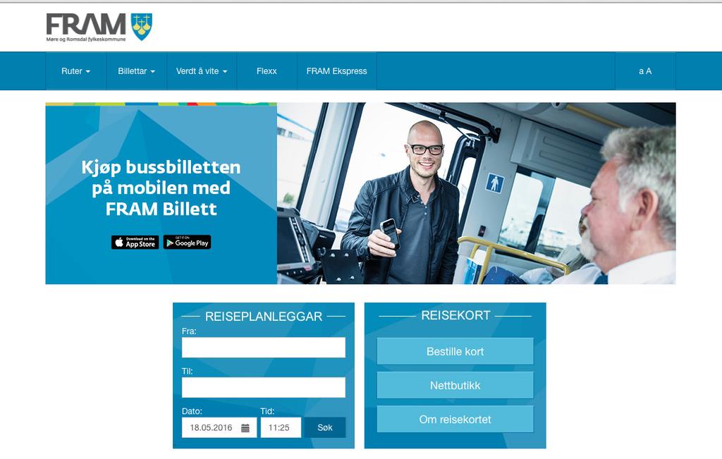 Informasjon om nettsida til FRAM Nettsida til FRAM har adressa frammr.no, og inneheld nyttig informasjon for deg som reisar kollektiv med buss, ferje og hurtigbåt i Møre og Romsdal fylke. På frammr.