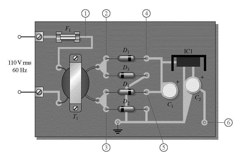 Oppgave (ca. 6%) 30 V rms 50 Hz Bildet viser kretskortet for ei strømforsyning med likeretter, glatting og en enkel 3- terminalregulator med kjølefinne (IC1).