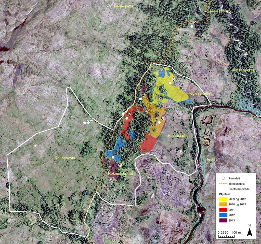 Figur 2. Kart (ortofoto) over deler av Øvre Forra naturreservat med avgrensing av skjøtselsområdet, skjøtselsareal 2009-13 og plassering av prøvefelt.