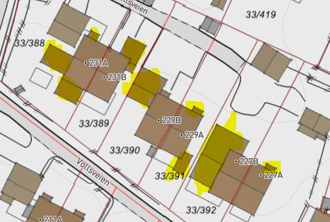 Matrise med redegjørelse for utbygginger innenfor planområdet 1) Dispensasjonsområdet D Øst: Kartutsnitt fra Kommunekart.com for Vollsveien 227 a 231 b. Gule areal synliggjør tilbygg eller påbygg.