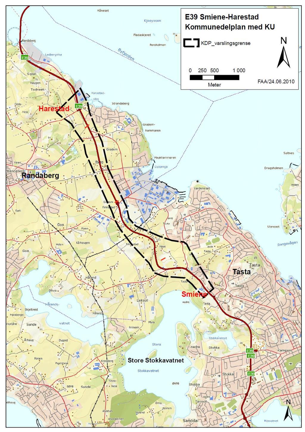 Figur 8: Planområde for E39 Smiene - Harstad (varslet planområde). 1.4.