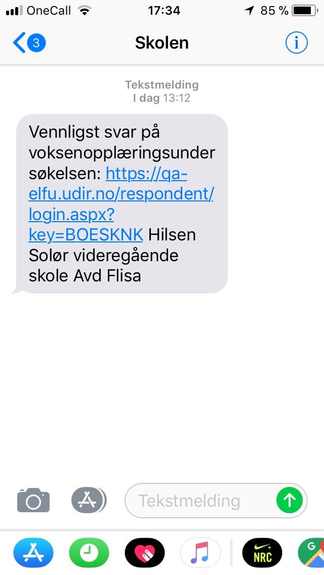 Hvis du velger SMS-invitasjon får elevene følgende melding: Eleven klikker seg rett inn i undersøkelsen via lenka.