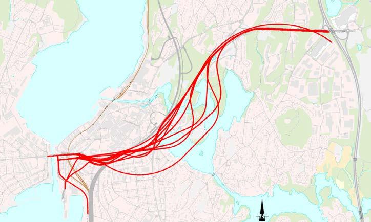 jernbanen Passering av Mosseelva Passering av dyprenne ved Noreløkka Kryssing under jernbanen Passering under Skarmyra Passering under dyprenne ved Noreløkka