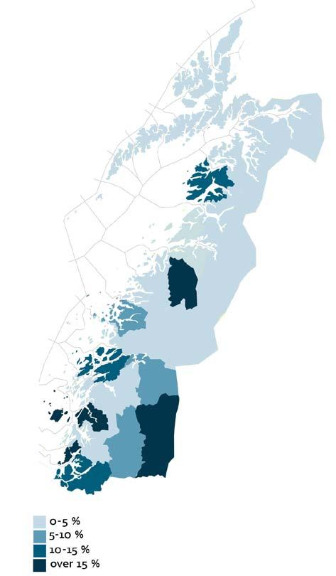 Andel av totalt antall sysselsatte Antall sysselsatte etter bosted Figur 3-2: Sysselsatte i jordbruk og tjenester tilknyttet jordbruk i Nordland i 2009.