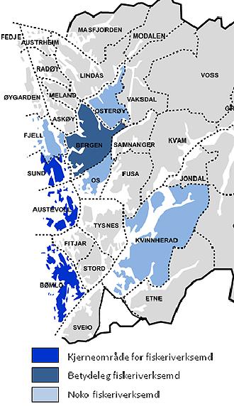 Figur 1: I kartet har kommunar som er mellom dei 5 største i alle dei tre gruppene i tabellen over fått merkelappen kjerneområde for fiskeriverksemd (i Hordaland).