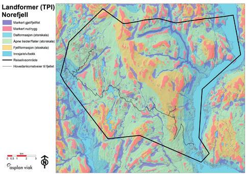 Terrengformasjonsanalysen (TPI) viser landskapsformer objektivt og uavhengig av ståsted i landskapet Markerte nuter og storskala fjellformasjoner (rosa og gult) er særlig attraktive landskapsformer,