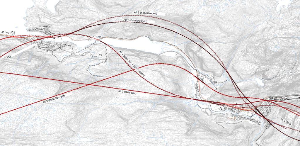 Figur 1: Vurderte alternative trasear Stanghelle-Dale Ei tidleg påtenkt løysing med å legga stasjonen på tvers av dalen like ved Dale barneskule, er ikkje lenger vurdert som mogleg.