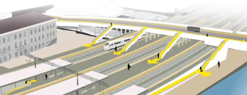 Bybrua i forhold til dagens bru Bane NOR er ansvarlig for den delen som ligger over jernbanen, fra akse 1 (landkaret) til akse 4 (ved Elvepromenaden).