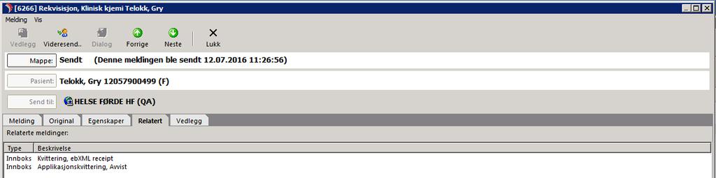 Figur 4 DIPS Communicator - Detaljer om en spesifikk melding Klikk på fanen «Relatert» for å se kvitteringer. «Kvittering, ebxml receipt» er transportkvittering, som i dette tilfellet er positiv/ok.