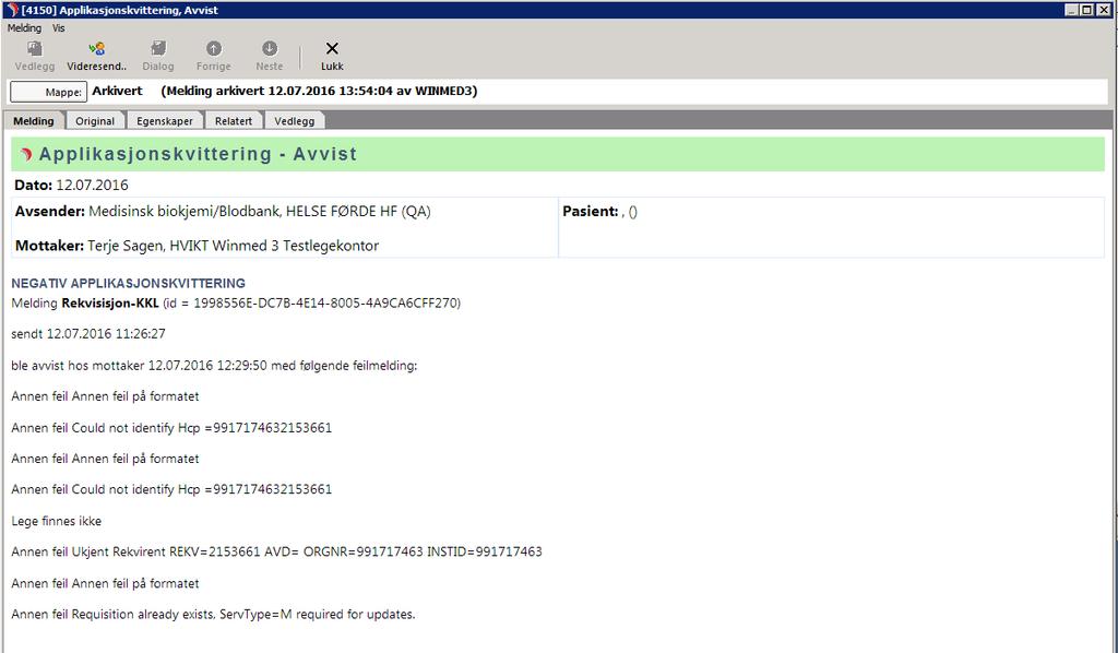 Figur 5 DIPS Communicator - detaljer om negativ applikasjonskvittering Korriger eventuelle feil i meldingen (må sannsynligvis gjøres i journalsystem) og send melding på nytt.