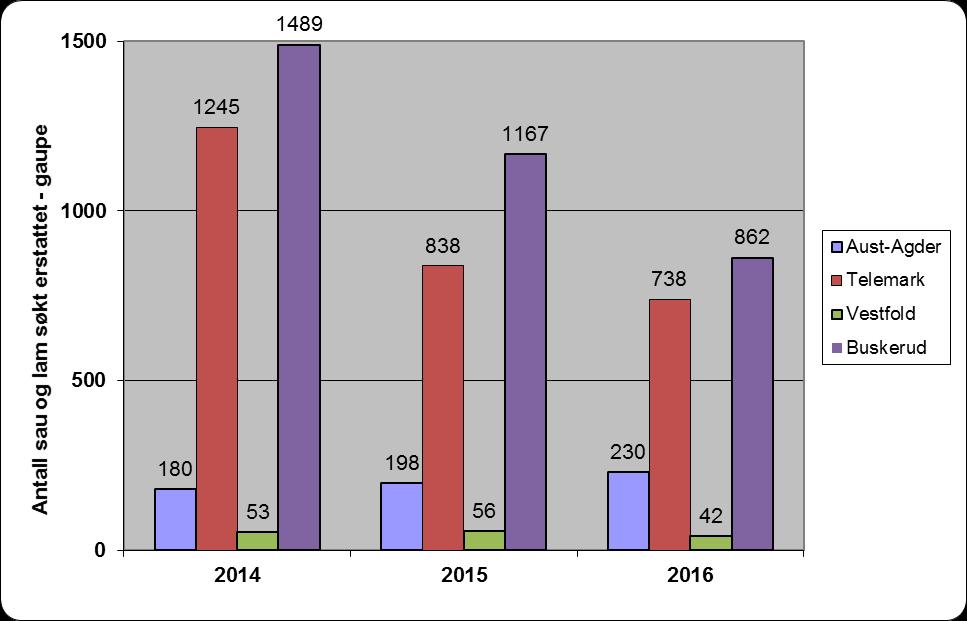 Sak 19/2017 Kvotejakt på gaupe i 2018 Side 11 av 21 Figur 10. Antall sau og lam søkt erstattet som drept av gaupe i region 2 i perioden 2014-2016.