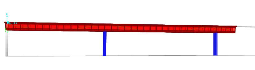 6.4.2 BYGGETRINN 2 Figur 21. Overbygget i byggetrinn 2 Figur 22 viser modellen som er modellert i CSI for analyse av byggetrinn 2. Byggetrinn 2 består av to spenn på 41,4 meter og 53,9 meter.