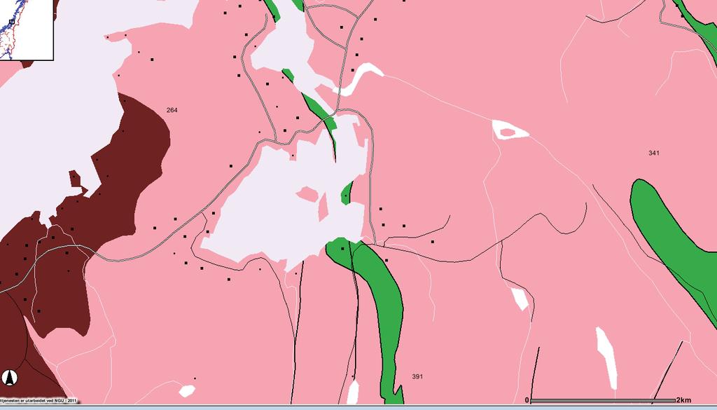 Bangsund Figur 4: Utsnitt fra berggrunnsgeologisk kart fra NGU (ref 3). Rosa er migmatittisk gneis, grønt er glimmerskifer/glimmergneis mens brunt er amfibolitt/gabbro.