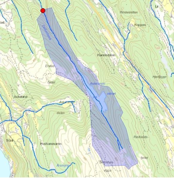 DALTVEITVASSDRAGET Daltveitelva har sitt utspring i Askelandsvatnet (346 moh.) og har et nedbørfelt på 1,5 km² ved vannbehandlingsanlegget.