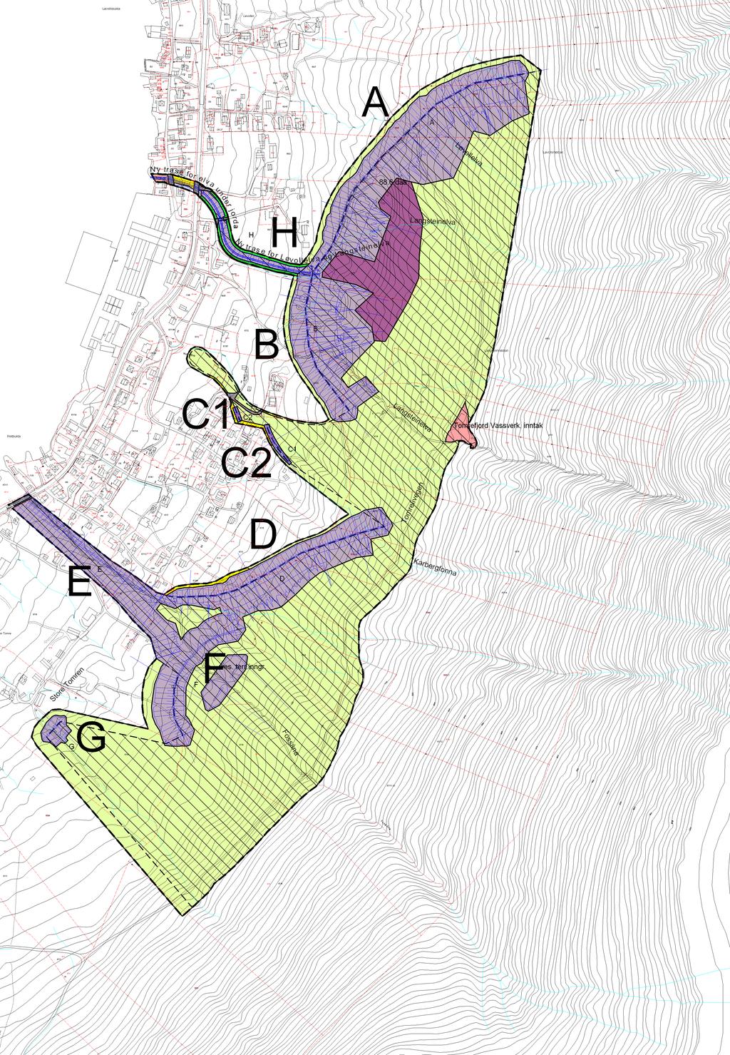 X 6941500 X 6941000 Tiltakssoner: A: Ledevoll mellom Langsteinelva og Løvollselva B: Ledevoll/ Fangvoll sør for Landsteinelva C1/C2: Tørrmurer mot skred sør for Kvennåna D: Ledevoll mellom