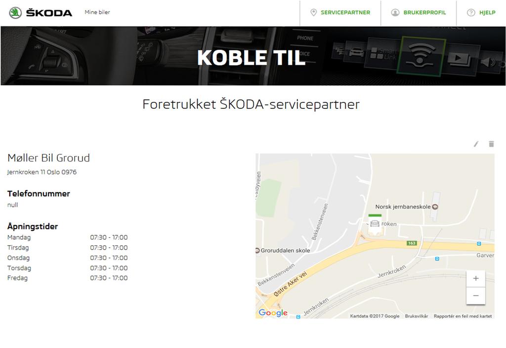 Connect Portal Valg av foretrukket servicepartner 3 Etter bekreftelse av valg av foretrukket servicepartner, vises informasjonen for den valgte servicepartneren.