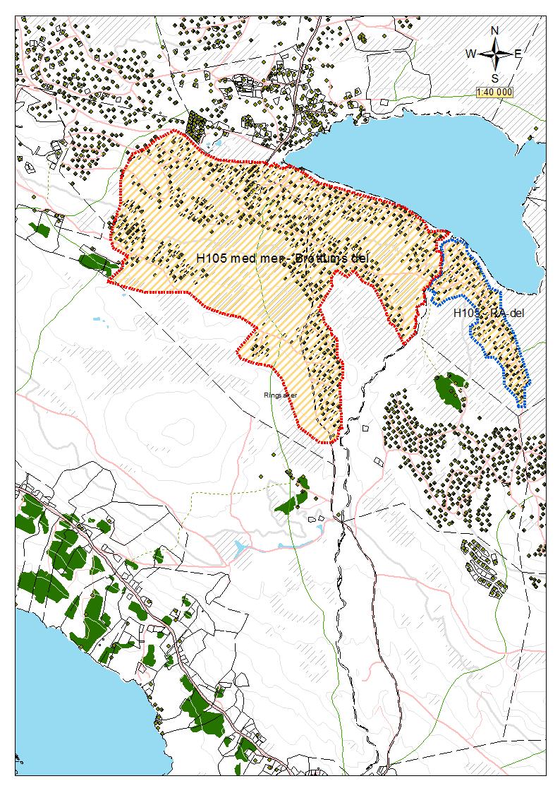 H105 MED MER OMRÅDE I BRØTTUM ALMENNING SOM BØR GJØRES TIL GJENSTAND FOR EN SAMLET VURDERING I FORBINDELSE MED KOMMUNEPLANRULLERINGEN.
