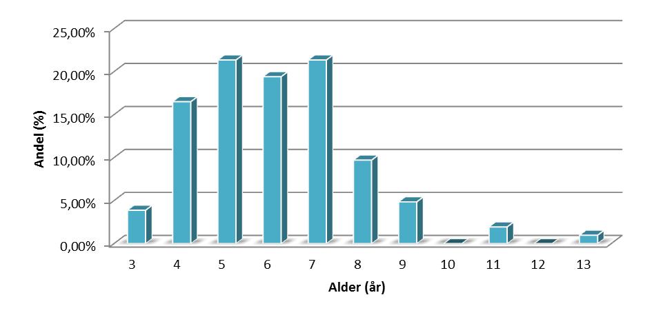 Side 12 av 23 Aldersfordeling Figur 2 viser at aldersfordelingen strekker seg over mange årsklasser. De mest dominerende aldersgruppene er 4 7 år, mens eldste fisk var 13 år.