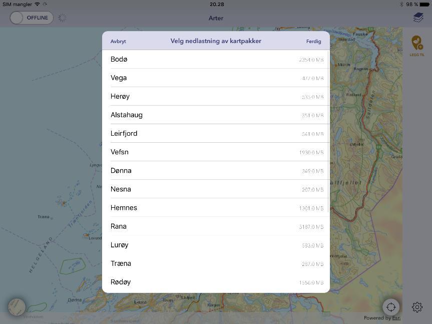 Deretter vil appen logge hvilke kommuner som befinner seg innenfor kartutsnittet og hvilke kartpakker du allerede har lastet ned.