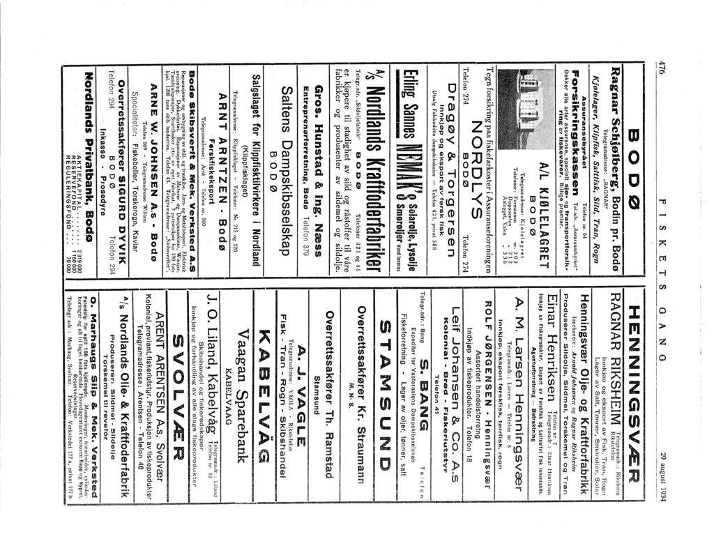 476 FS K ETS GA N G 29 august 934 e o DØ ~agnar Schjølberg, Bodin pr. Bodø Telegramadtesse: "RAGNAR" Kjølelager, KJipfisk, Saltfisk, Sild, Tran, Rogn Assuransebyrået Telefon nr.