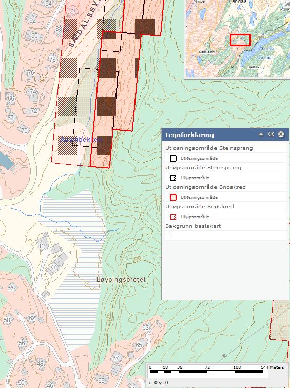 Figur 2. Aktsomhetskart med hensyn på steinsprang og snøskred for Skytedalen.