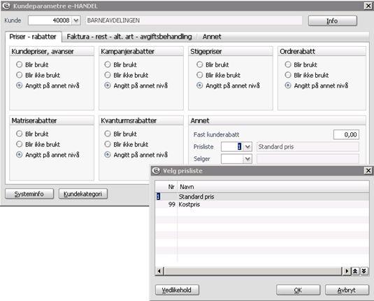 Dersom kunden har en fast prisliste skal dette legges inn her.