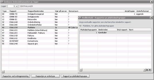 Meny: ehandel>grunndata>ordredokumenter>definere ordredokumenter pr lager Under menypunktet «Ordredokumenter/Definere ordredokumenter pr lager» er det en rapport for plukkliste pr