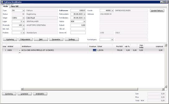 5. DIREKTE FAKTURERING 5.1 Faktura Meny: ehandel>salg>registrere/faktura Gjelder kun ekstern salg.