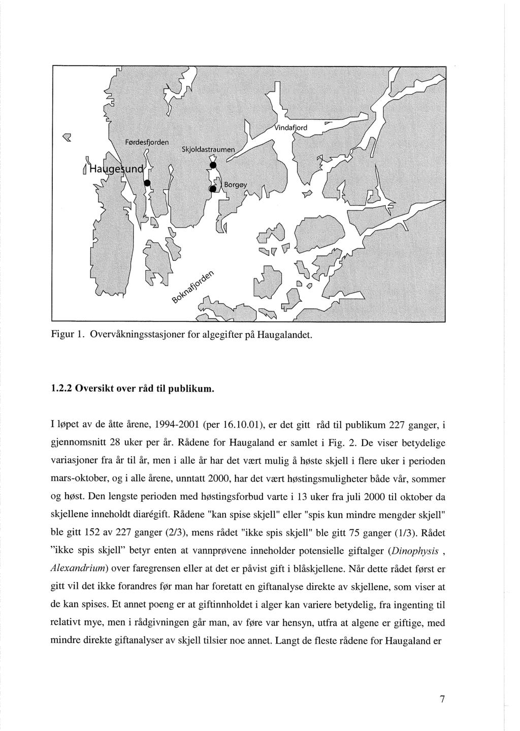 Figur 1. Overvåkningsstasjoner for algegifter på Haugalandet. 1.2.2 Oversikt over råd til publikum. I løpet av de åtte årene, 1994-2001 (per 16.10.