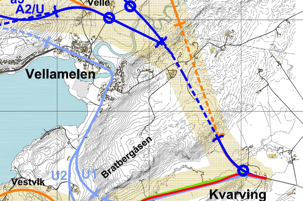 Tunnel 5 Tunnel 4 Figur 10: De to tunnelalternativene gjennom Bratbergåsen. Svakhetssoner i grått. Målestokk 1: 15 000 3.