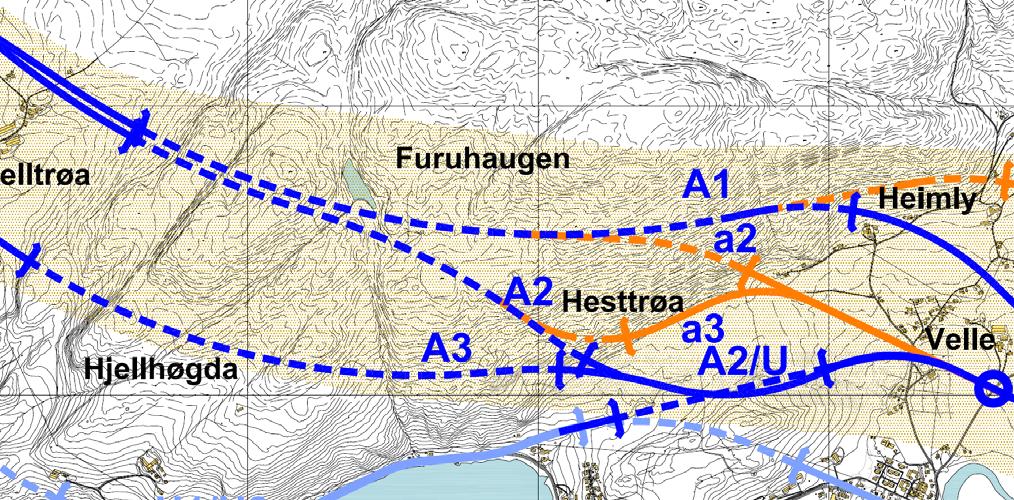 Tunnel 10 Tunnel 11 Tunnel 15 Tunnel 13 Tunnel 14 Tunnel 12 Figur 24: De 6 tunnelalternativene mellom Velle og Hjelltrøa. Svakhetssoner i grått. Målestokk 1: 10 000. 3.