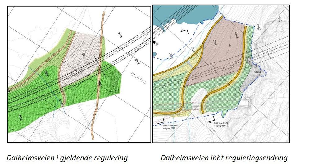 Gjeldende reguleringsplan viser utretting av Dalheimsveien over Larvikstunnelen. Denne traséen var sammenfallende med den gamle vegføringen før E18 og Larviksporten ble bygget på 1970-tallet.