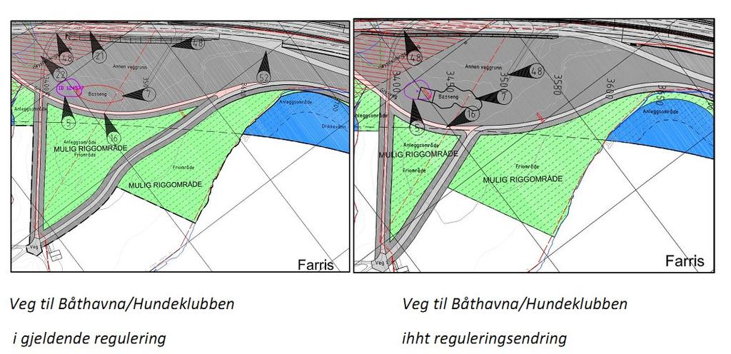 Dette er vist på vedlagt reguleringsplantegning R303c, landskapsplan O303 og illustrert i skissene nedenfor. I gjeldende reguleringsplan er det vist nye atkomstveger til Båthavna og Hundeklubben.