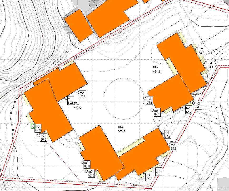 5.2 Skytebanestøy Hele det felles uteoppholdsarealet får støynivå LAImax = 60 db eller lavere. Støynivået LAImax ved fasader i representative punkter er vist i figur 5 under.