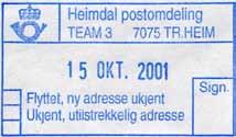 2000 TK Seneste registrering:?? Stempel nr. Hei O2 Tekst: Heimdal postomdeling Farge: Blå TEAM 3 7075 TR.