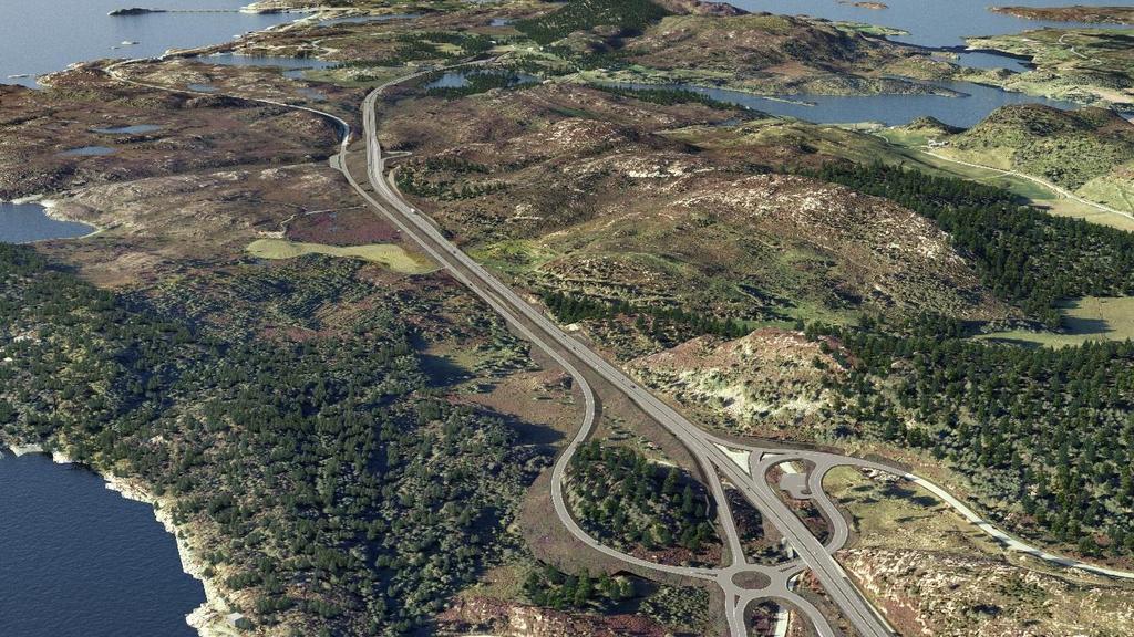 14/17 KU-DELRAPPORT, LANDSKAPSBILDE Illustrasjonen viser traseen fra rundkjøring ved Knarholmen og hvordan lokalvegen vil bli liggende parallellt med ny E39 på deler av strekningen.