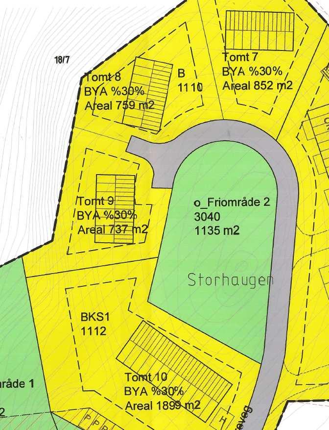 5 av 8 Figur 1 Utsnitt av gjeldande reguleringsplankart Søknaden gjeld bygging av bustad utanfor byggjegrensene på tomt 9, samt bruk av friområde og snuhammar til bustadtomt, for å tillata innkøyring