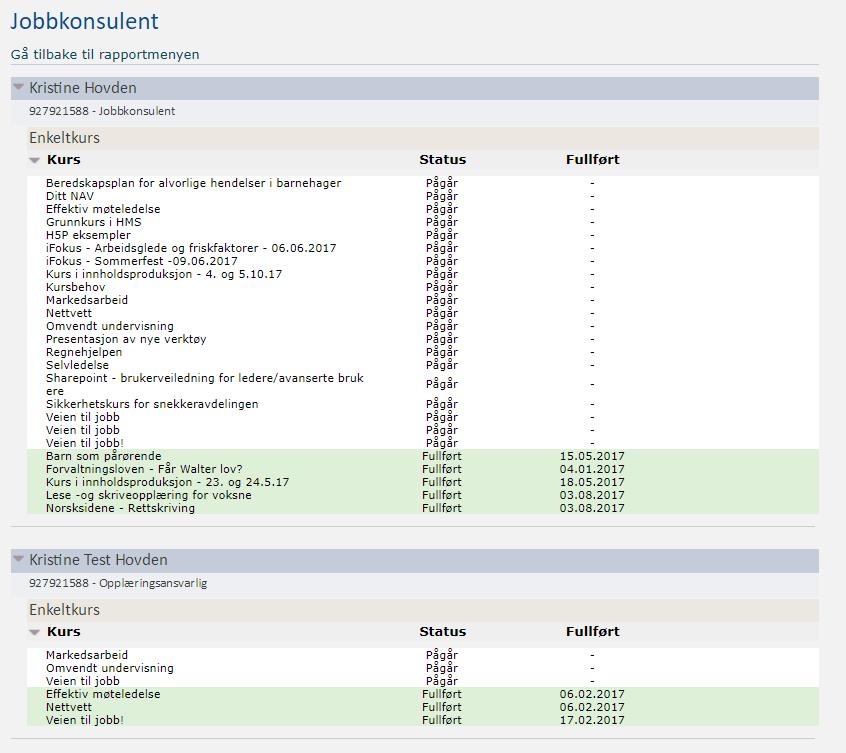 Deretter en liste over ansatte, med oversikt over de kurs den enkelte ansatte har tatt. Kurs merket i grønt er kurs som er fullførte.