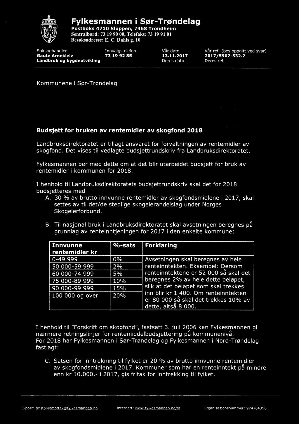 Fylkesmannen ber med dette om at det blir utarbeidet budsjett for bruk av rentemidler i kommunen for 2018. I henhold til Landbruksdirektoratets budsjettrundskriv skal det for 2018 budsjetteres med A.