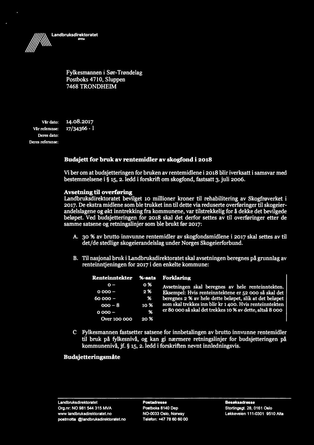 Landbruksdirektoratet Eamndoauodlrektordhm M&M &&&/ø Fylkesmannen i Sør Trøndelag Postboks 4710, Sluppen 7468 TRONDHEIM Vår dato: Vår referanse: Deres dato: Deres referanse: 14.08.