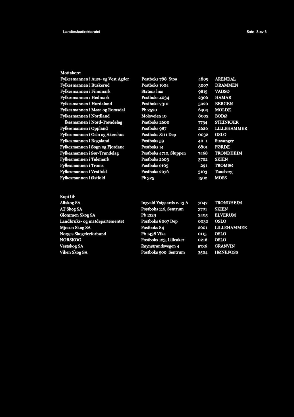 Landbruksdirektoratet Side: 3 av 3 Mottakere: Fylkesmannen i Aust- og Vest Agder Fylkesmannen i Buskerud Fylkesmannen i Finmark Fylkesmannen i Hedmark Postboks 788, Stoa Postboks 1604 Statens hus