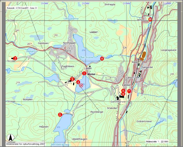 Figur 2. Kart over gruveområdet med markering av prøvetakingsstasjoner i perioden 2005-2012. 1: Overløp Bjønndalsdammen 6: Utløp Bjørnlivatn 2: Astrup pumpestasjon 7: A.