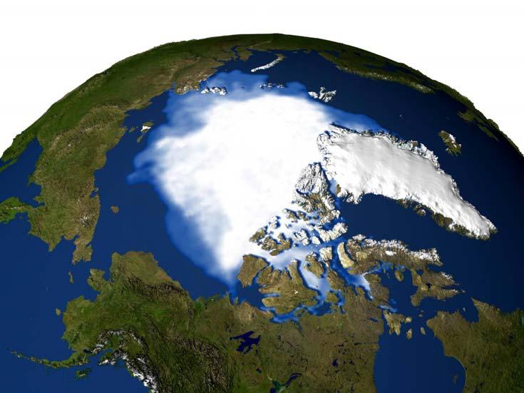 2005 3 Kilde: NASA Dette satelittbildet viser isdekket i nordområdene i 2005. Det var da betraktelig mindre enn i 1979.
