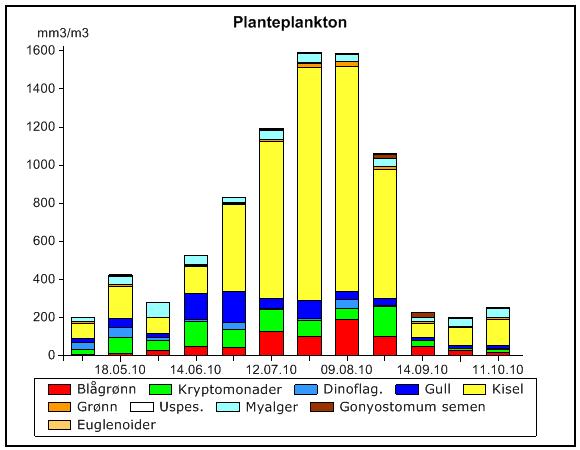 Figur 6.8: Variasjon i planteplanktonets mengde- og sammensetning i Storefjorden i 2010. Figur 6.