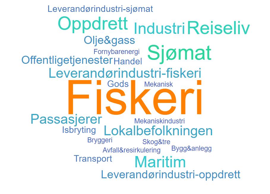 Figur 5-7 Ordsky næringer som påvirkes av investeringene. Kilde: Menon/Troms fylkeskommune Det er fire poenger som kan leses av ordskyen.