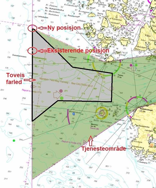 Figur 2. Forslag til ny utstrekning av tjenesteområdet til sjøtrafikksentralen på Fedje (grønn skravering).