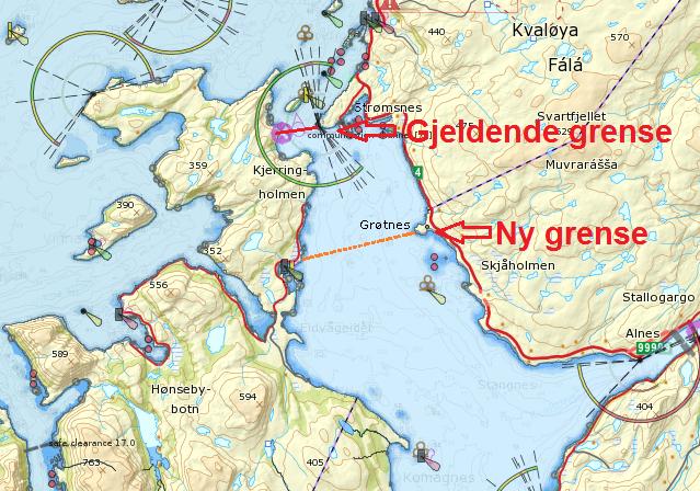 Kystverket foreslår også i 5 en mindre justering av tjenesteområdet ved Melkøya sør av Hammerfest. Den gjeldende avgrensningen av tjenesteområdet går i dag ved Strømmen.