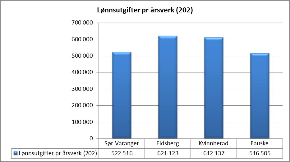 Vi ser her at Sør-Varanger har lavest årsverkskostnader i utvalget på kr 522 516 (inkl sosiale utgifter og pensjon).
